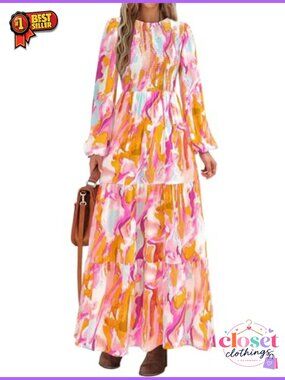 Womens Long Sleeve Floral Maxi Dress Smocked A-Line Tiered Boho Fall Casual
